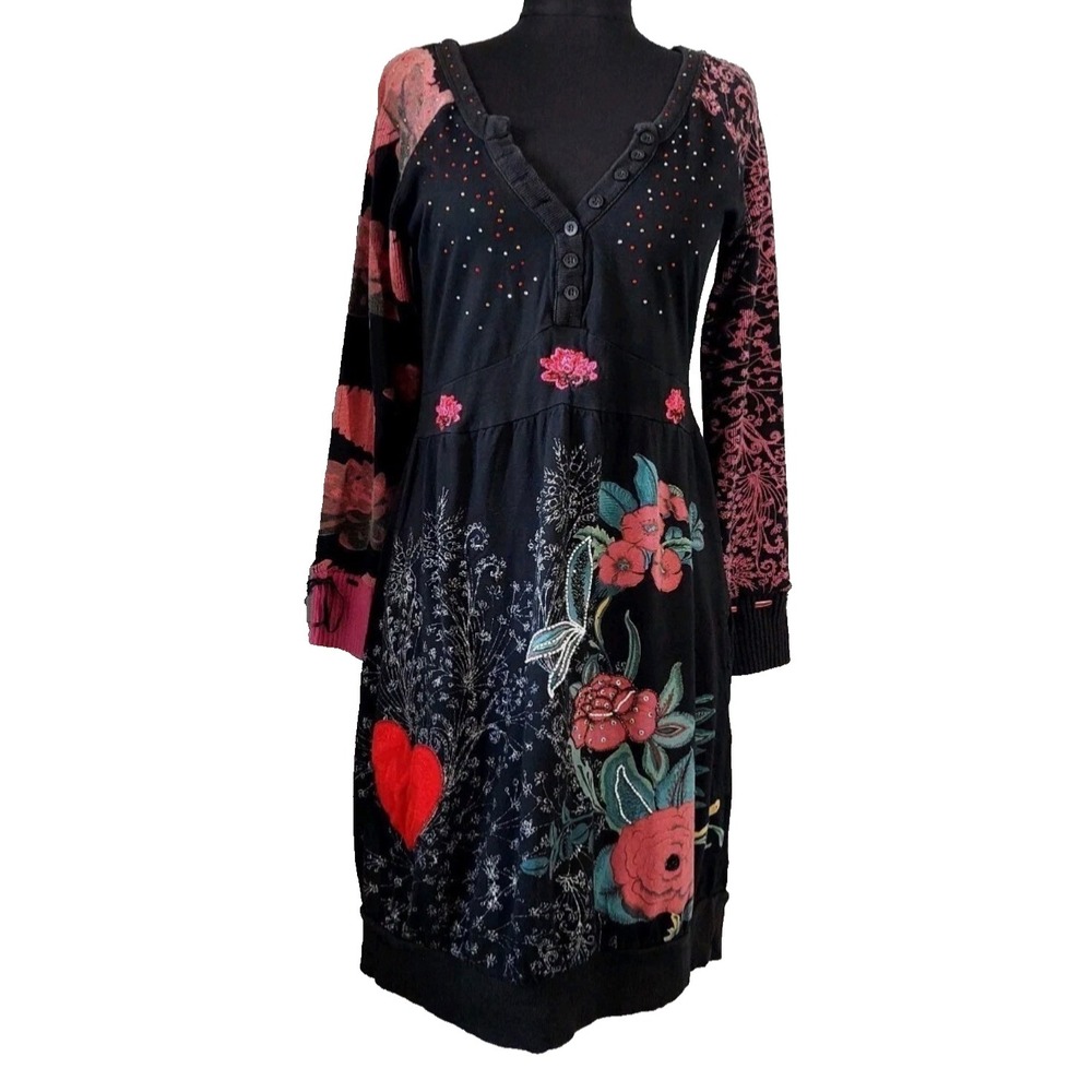 Desigual Womens Black Embroidered Knit Long Sleeve Mini Dress Floral Indie Small